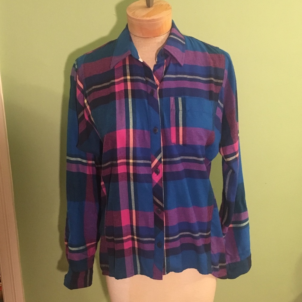 Blue, pink and purple plaid shirt